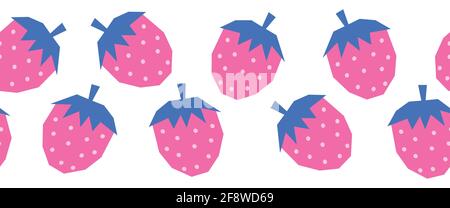 Seamless strawberry vector border. Strawberries repeating horizontal background. Scandinavian style cute summer fruit surface pattern design for Stock Vector