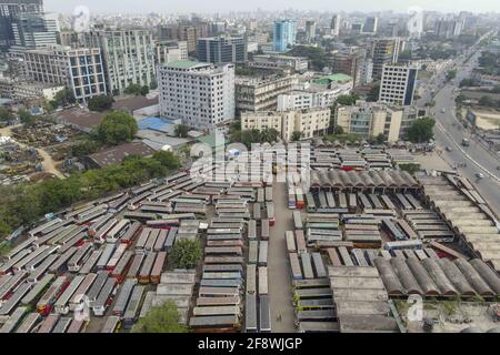 Buses are parked inside Mohakhali Bus Terminal during a nationwide lockdown to curb the spread of the novel coronavirus, in Dhaka, Bangladesh, April 15, 2021. Photo by Suvra Kanti Das/ABACAPRESS.COM Stock Photo