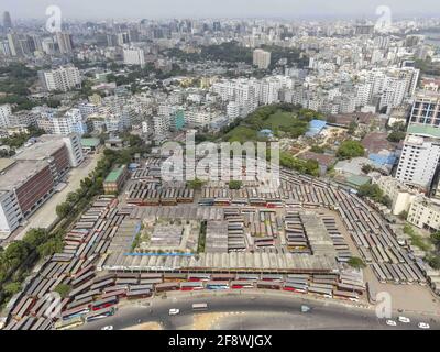 Buses are parked inside Mohakhali Bus Terminal during a nationwide lockdown to curb the spread of the novel coronavirus, in Dhaka, Bangladesh, April 15, 2021. Photo by Suvra Kanti Das/ABACAPRESS.COM Stock Photo