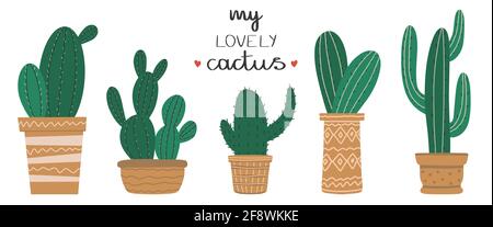 Set of cacti growing in planters isolated on white background.Bouquet of trendy potted plants. A collection of gorgeous natural home decorations. Colo Stock Vector