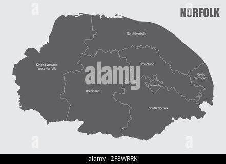 The Norfolk county isolated map divided in districts with labels, England Stock Vector