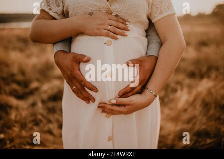hands of future mother and father clasped pregnant big tummy. husband hugs pregnant wife. Happy family resting in nature hugs in summer at sunset. Cau Stock Photo