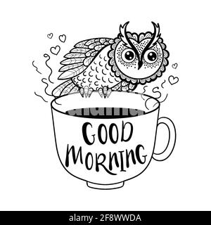 Funny owl and a cup of coffee. Black and white, linear drawing. Vector Stock Vector