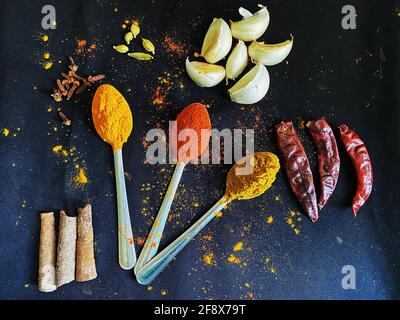 Set of colourful spices on black background. Pepper, turmeric, paprika, garlic, chilly, cardamom, cinnamon . Top view. Stock Photo