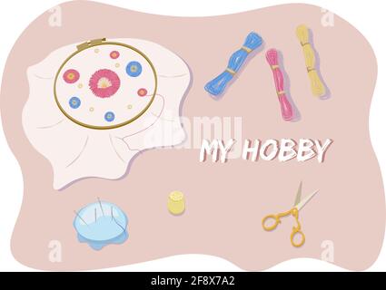 Vector set of embroider tools,scissors and pillow with needles. Stock Vector
