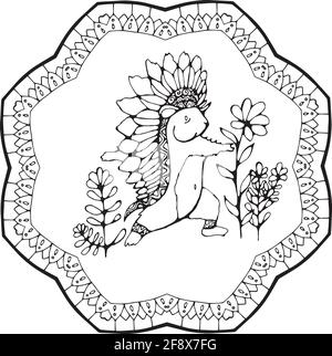 Yoga Hamster with Native American Feather Hat among Flowers. Ornamental mandala. Stock Vector