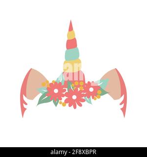 Cute unicorn horn with pink ears and floral wreath.Vector illustration on white background Stock Vector