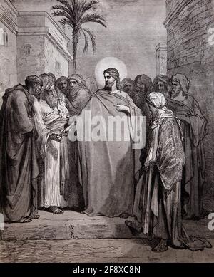 Bible Story Illustration Christ and the Tribute money (Matthew 22:20-21) Stock Photo