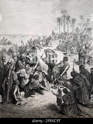 Bible Story Illustration Christ Feeding the Multitude (Matthew 14:19) by Gustave Dore Stock Photo