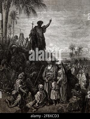 Bible Story Illustration John the Baptist Preaching to the Wilderness (Mark1:6-7) by Gustave dore Stock Photo