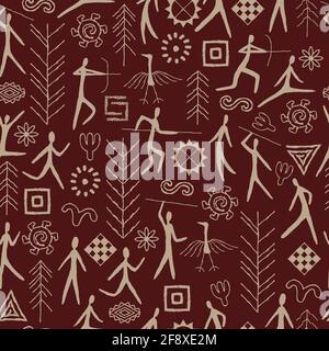 Seamless pattern with decorative elements and man from rock art. Prehistoric drawings. Outline. Stock Vector
