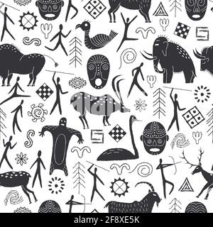 Seamless pattern with decorative elements and man from rock art. Prehistoric drawings. Outline. Stock Vector