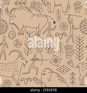Seamless pattern with decorative elements and man from rock art. Prehistoric drawings. Outline. Stock Vector