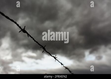 A row of barbed wire backlit with dark storm clouds in the background. Selective focus. Immigration, escape or freedom concept Stock Photo