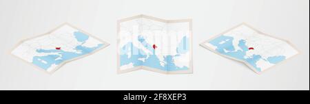 Folded map of Montenegro in three different versions. Vector map of Montenegro. Stock Vector