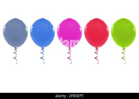 Many colorful balloons with ribbon on white background Stock Photo