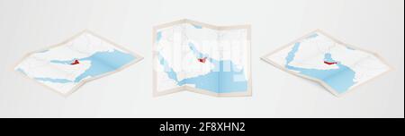 Isometric paper map of United Arab Emirates with triangular flag of ...