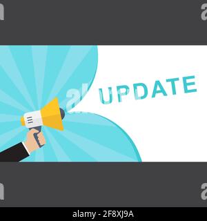 Hand Holding Megaphone With UPDATE Announcement. Flat Update, new, announcement, application, background, bubble, button, change, communication, compu Stock Vector
