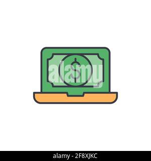 Gold line Laptop with dollar symbol icon isolated on dark blue background. Online shopping concept. Earnings in the Internet, marketing. Stock Vector