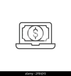 Gold line Laptop with dollar symbol icon isolated on dark blue background. Online shopping concept. Earnings in the Internet, marketing. Stock Vector