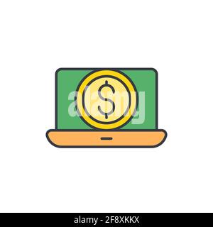 Gold line Laptop with dollar symbol icon isolated on dark blue background. Online shopping concept. Earnings in the Internet, marketing. Stock Vector