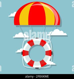 Life buoy with parachute in the sky. Stock Vector