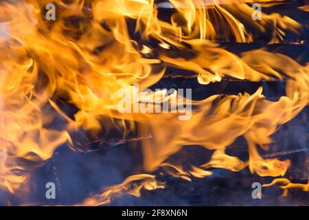 Spurts of flame. Burning wooden boards and logs. The bright flame of the fire. Combustible materials converted to coal, smoke  and ash by heat. Stock Photo