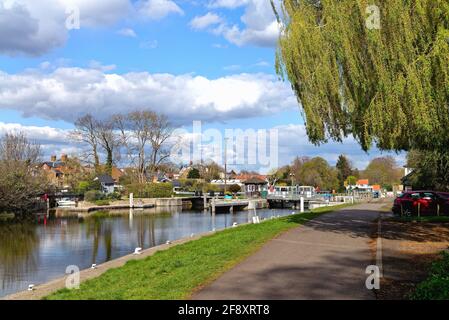 The approach to Sunbury Lock and the Thames footpath on a sunny spring day Walton on Thames Surrey England UK Stock Photo