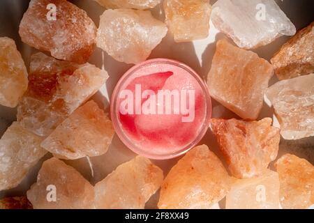 Handmade Sugar pink Scrub With Himalayan Salt. Toiletries, Spa and wellness cosmetics Stock Photo