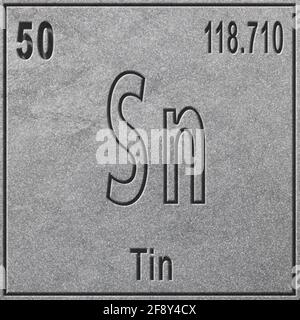 Tin chemical element, Sign with atomic number and atomic weight, Periodic Table Element, silver background Stock Photo