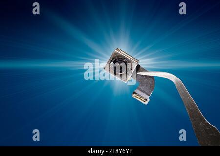 Mobile phone front camera, Hidden cam spare part advance technology device for replace. Stock Photo