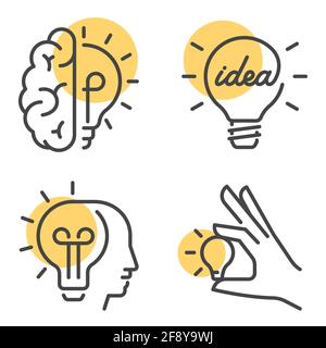 Vector illustration of collection of linear style icons with yellow circles representing creativity and idea and innovation concept. Editable stroke. Stock Vector