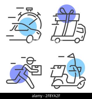 Set of simple vector illustrations representing various types of delivery service including transport and courier. Editable stroke. Stock Vector