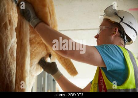construction workers on building site fit insulation to stud wall Stock Photo