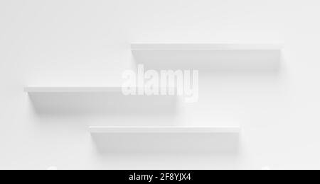 Three empty white shelfs or boards on white wall, object or product presentation template, 3D illustration Stock Photo