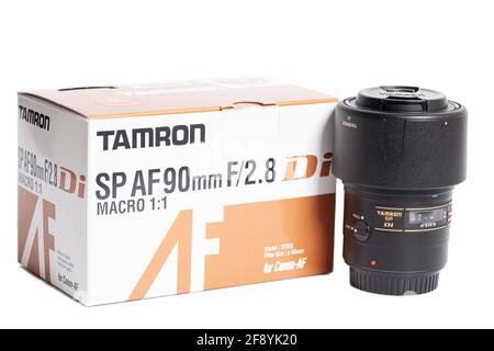 Moscow, Russia April 15,2021 Tamron SP AF 90mm f 2.8 Camera photo lens with box. Stock Photo