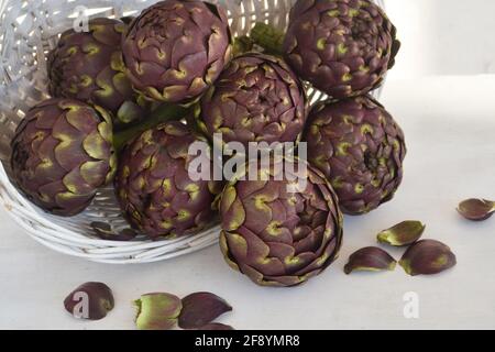 Fresh artichokes in the white basket isolated on white background. Stock Photo