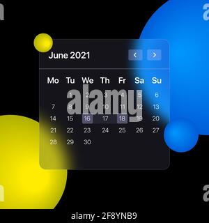 Glassmorhism Calendar Template. UI, UX, GUI layout for mobile and web application. Glassmorphism concept design. Vector illustration Stock Vector
