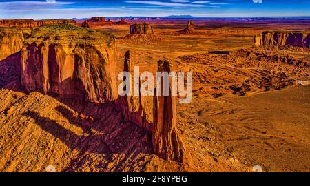 Aerial view of Three Sisters rock formation, Monument Valley, Arizona, USA Stock Photo