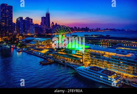 Navy Pier at twilight, Chicago, Illinois, USA Stock Photo