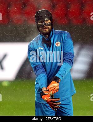 Slavia Prague goalkeeper Ondrej Kolar warms up before the UEFA Europa League match at the Sinobo Stadium, Prague. Picture date: Thursday April 15, 2021. Stock Photo