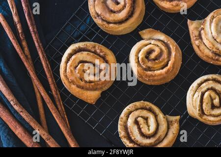 Homemade cinnamon rolls on a cooling rack with cinnamon sticks on dark blue background, top view Stock Photo