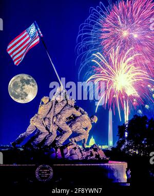 Fourth of July fireworks above US Marine Corps War Memorial, Arlington, Virginia, USA Stock Photo