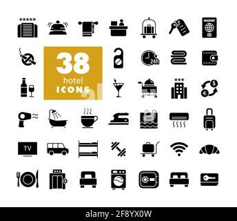 Hotel vector flat glyph icon set. Graph symbol for travel and tourism web site and apps design, logo, app, UI Stock Vector