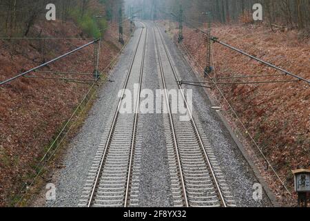 Railway track with two rails with left curve in the morning fog in the forest Stock Photo