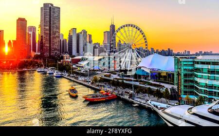 Navy Pier with Ferris wheel at sunset, Chicago, Illinois, USA Stock Photo