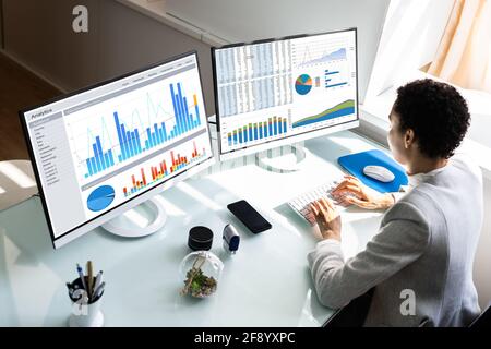 Financial Business Analytics Data Dashboard. Analyst Woman Stock Photo
