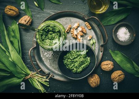 Homemade wild garlic pesto on a metal tray, wild garlic leaves, salt, oil and walnuts on dark green background, top view Stock Photo