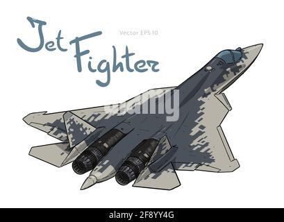 Flight of the newest russian jet fighter aircraft. Vector freehand draw. Black lines isolated on white background. Stock Vector