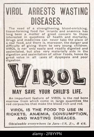 Old Virol baby food advert from 1902 - before the dawn of advertising standards. History of advertising, old health food adverts, medicinal cuisine. Stock Photo